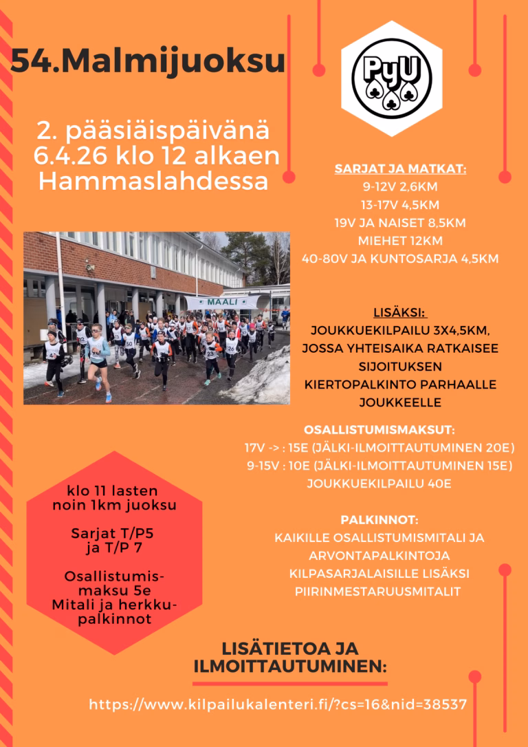 Perinteinen MALMIJUOKSU käydään tänäkin vuonna 2. pääsiäispäivänä Hammaslahdessa. Kisapäivä on 6. huhtikuuta ja kisa alkaa 5- ja 7-vuotiaiden juoksulla klo 11. Muut sarjat käynnistyvät klo 12.